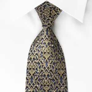 Renoma Rhinestone Tie Golden Yellow Vine Trellis On Blue Woven Silk