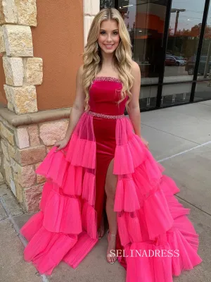 Rhinestone Embellished Fuchsia Pink Strapless Prom Dress lpk908