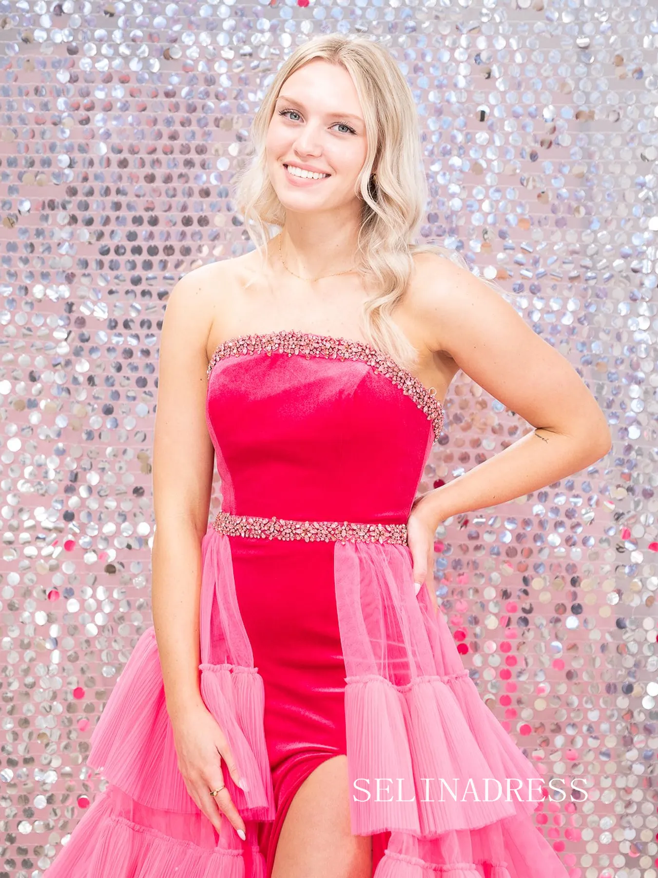 Rhinestone Embellished Fuchsia Pink Strapless Prom Dress lpk908