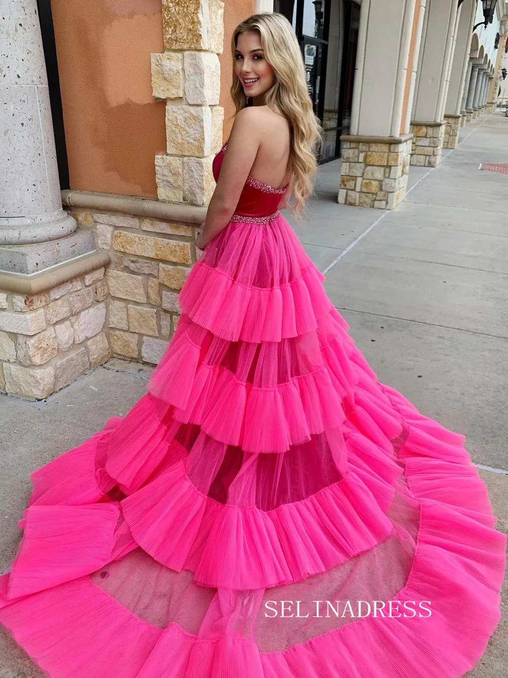 Rhinestone Embellished Fuchsia Pink Strapless Prom Dress lpk908