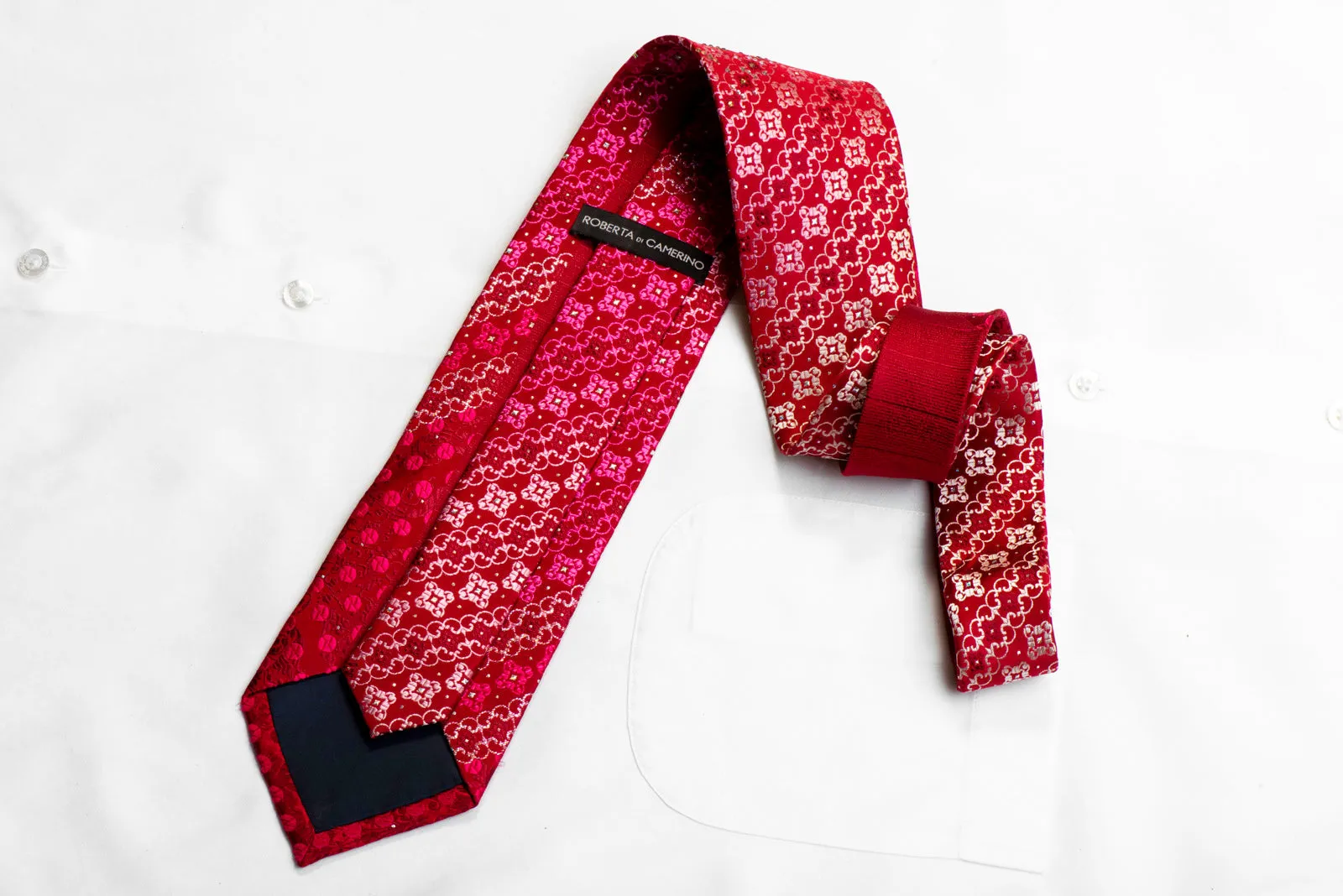 Roberta di Camerino Rhinestone Silk Necktie Cartouche On Red With Silver Sparkles