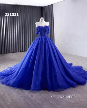 Royal Blue Sparkly Tulle Wedding Gown Off the Shoulder Quinceanera Dress 231031