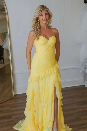 Ruched Ruffle Fitted Yellow Long Prom Dress with Slit  PSK576