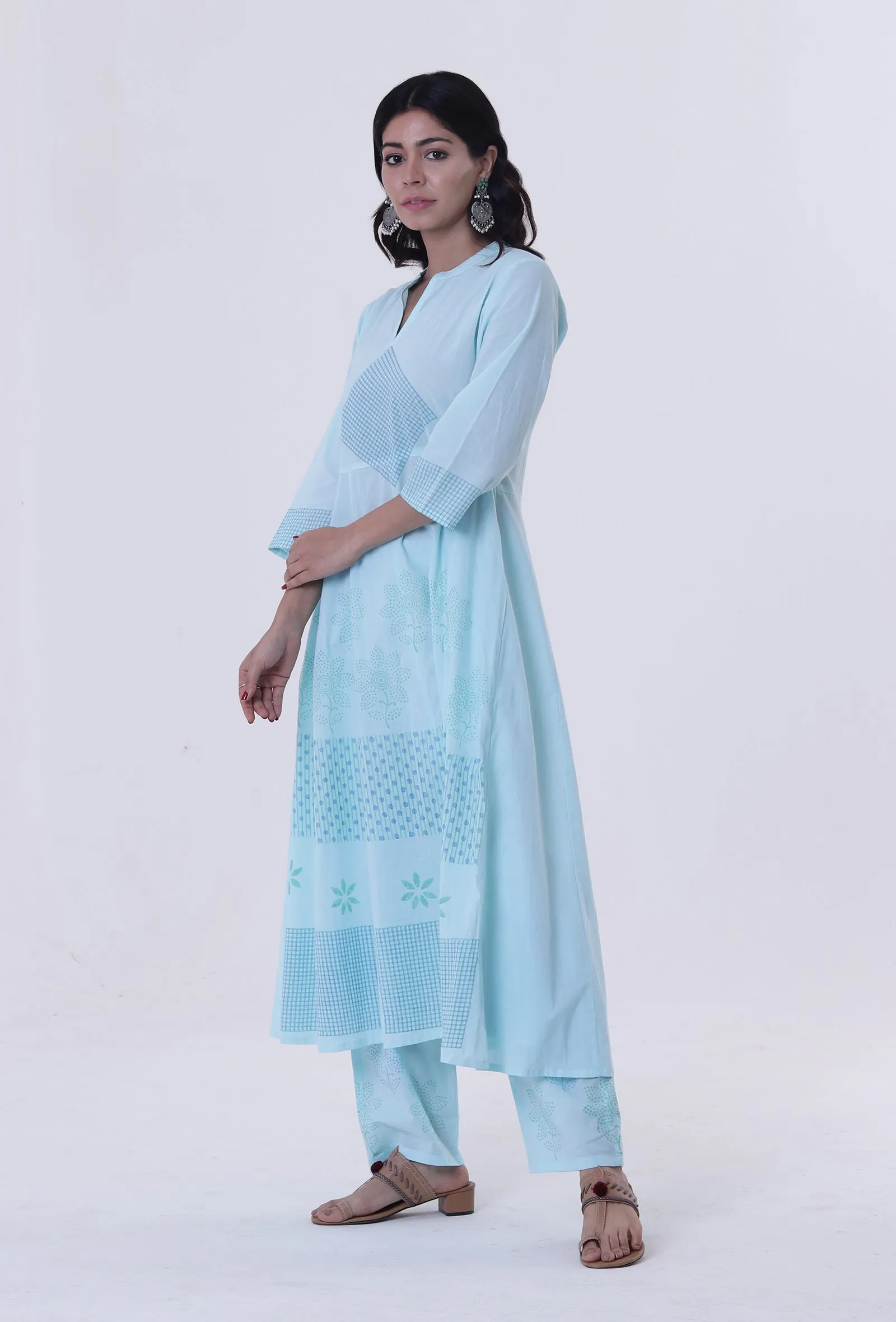 Set Of 2: Greenish-Blue Cotton Block Printed Anarkali Kurta & Pant