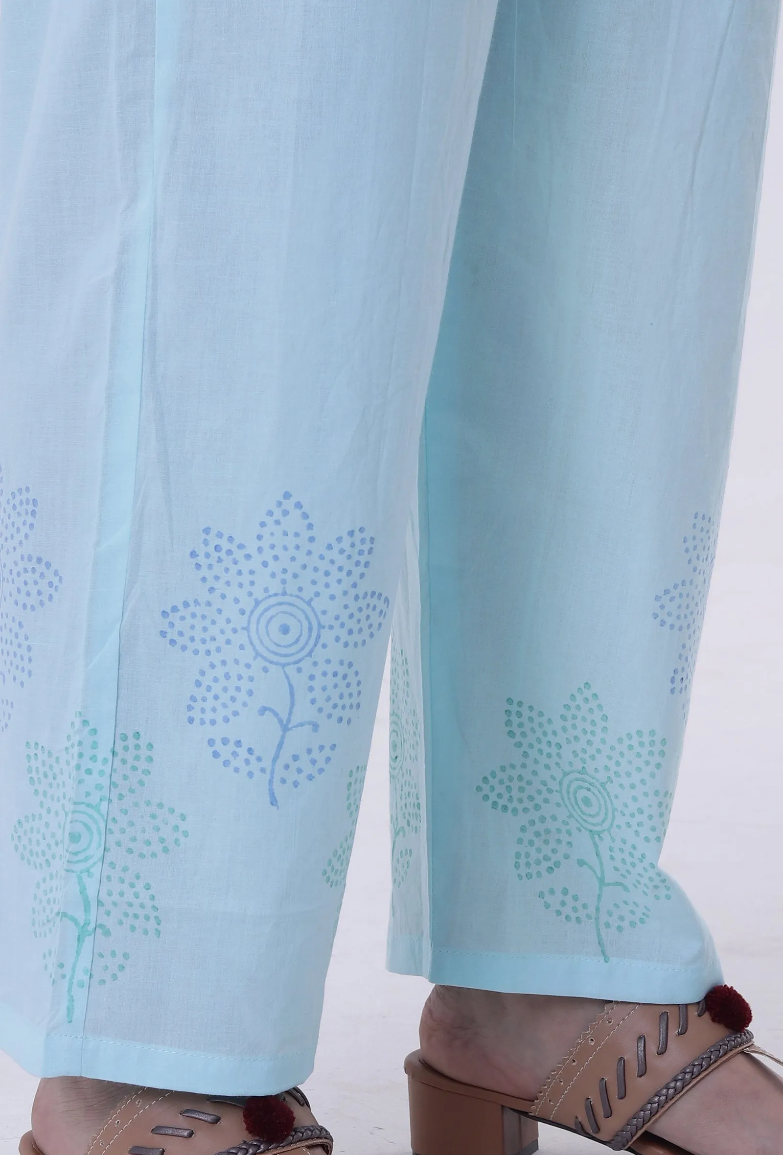 Set Of 2: Greenish-Blue Cotton Block Printed Anarkali Kurta & Pant