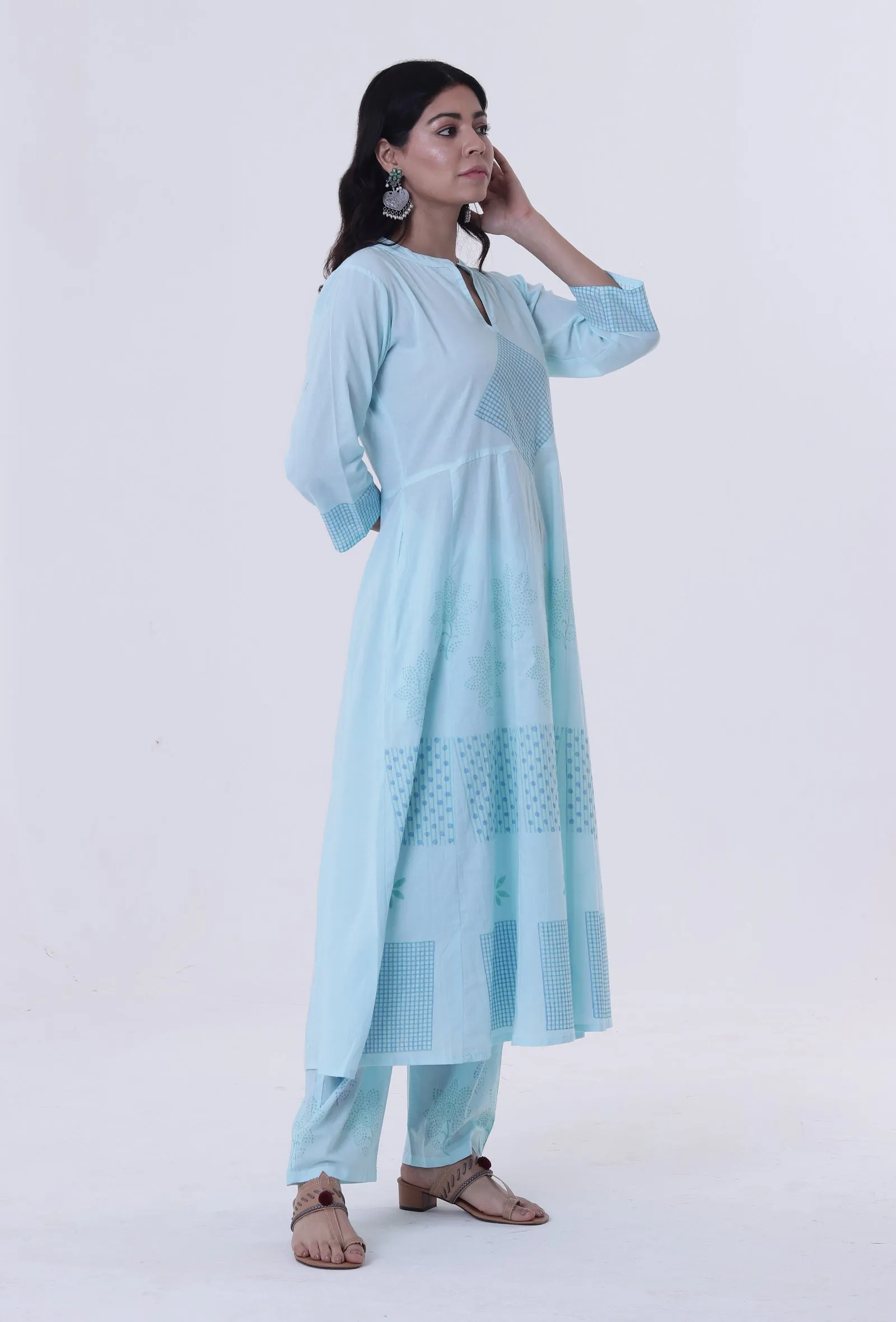 Set Of 2: Greenish-Blue Cotton Block Printed Anarkali Kurta & Pant