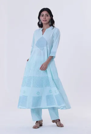 Set Of 2: Greenish-Blue Cotton Block Printed Anarkali Kurta & Pant