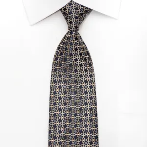 Silk Tie Gold Interlocking Chains On Navy Blue Sparkling With Rhinestones