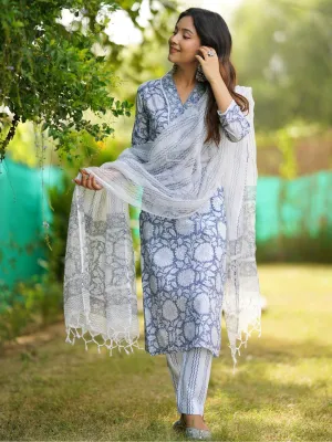 Sky Blue Hand Block Printed Straight Kurta Pant Set With Dupatta