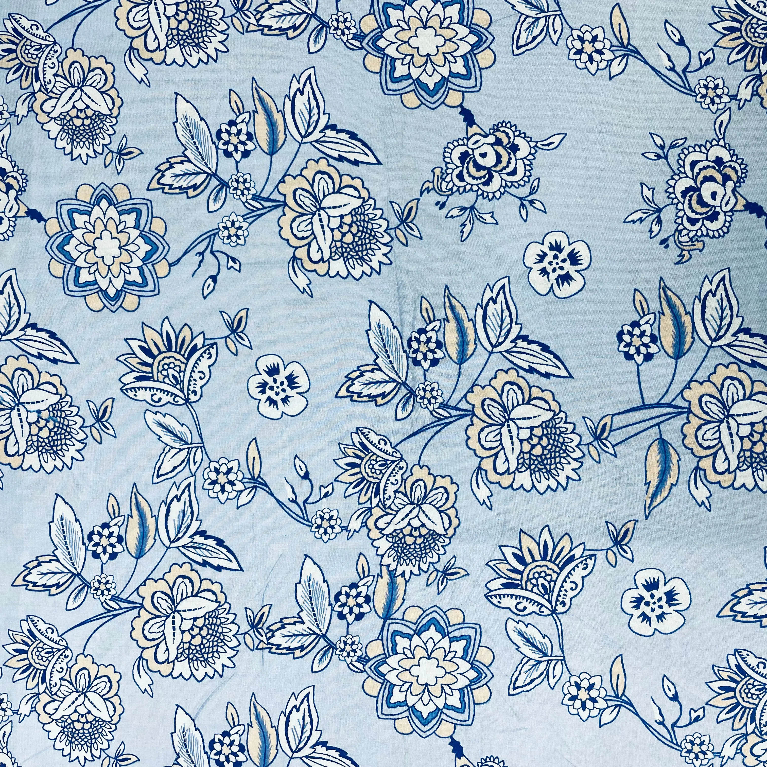 Sky Blue With Blue Floral Print Rayon Fabric