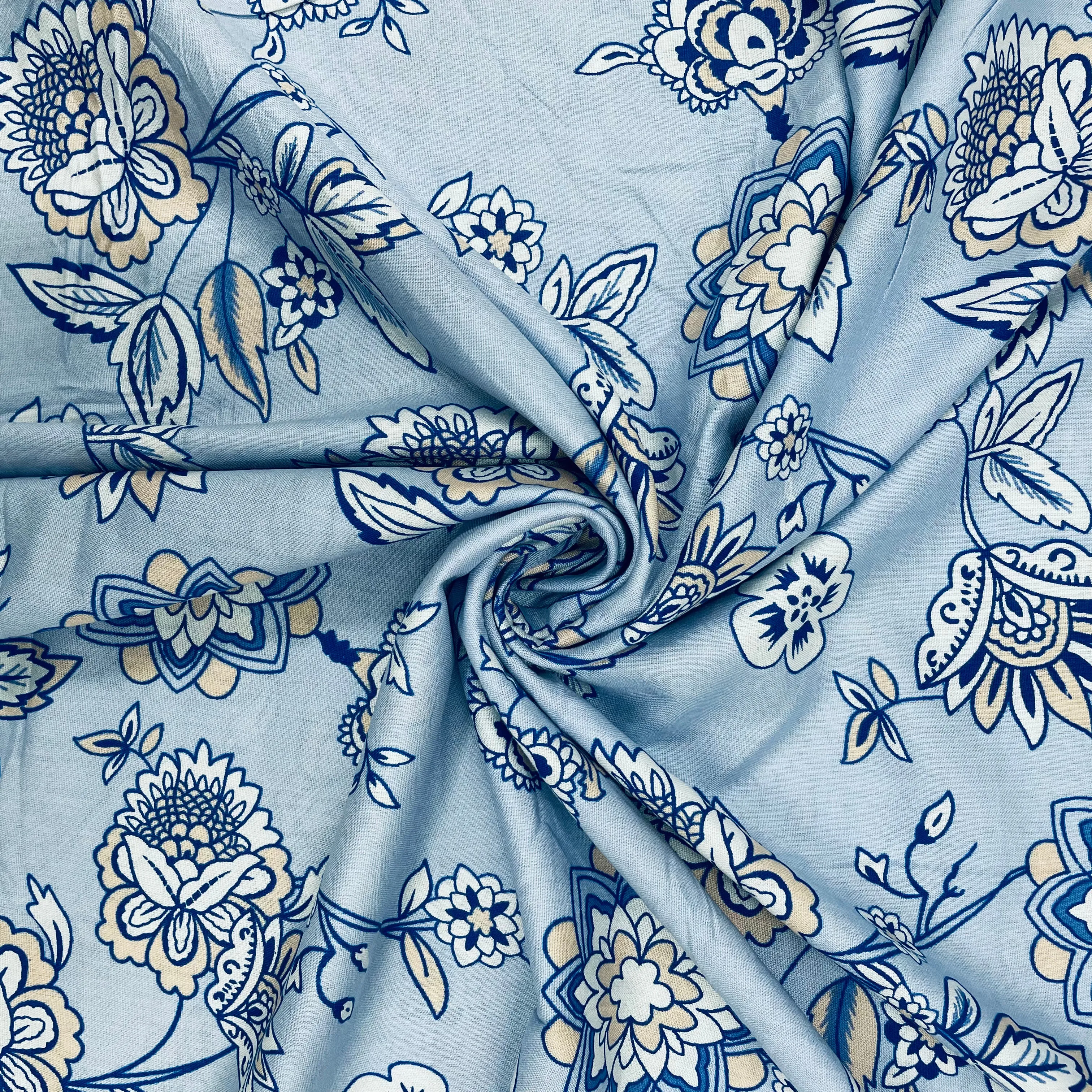 Sky Blue With Blue Floral Print Rayon Fabric