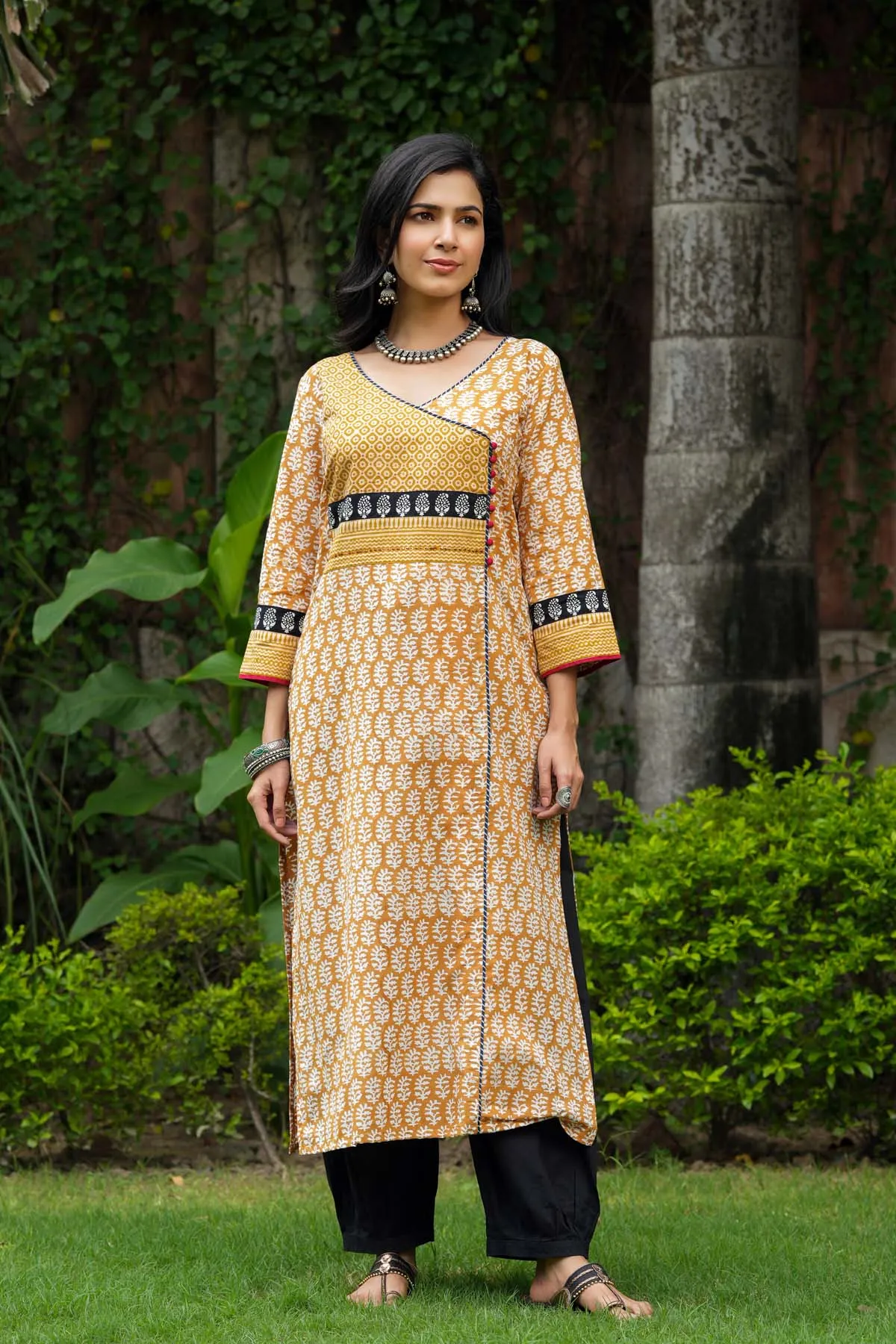 Straight Fit Angrakha Style Kurta In Dark Mustard Color