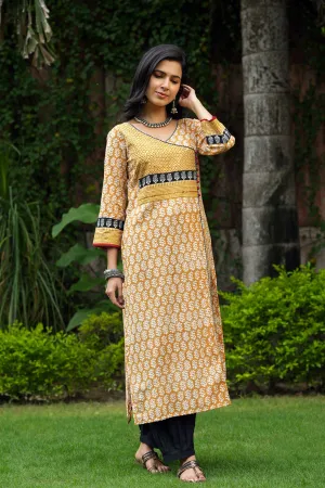 Straight Fit Angrakha Style Kurta In Dark Mustard Color