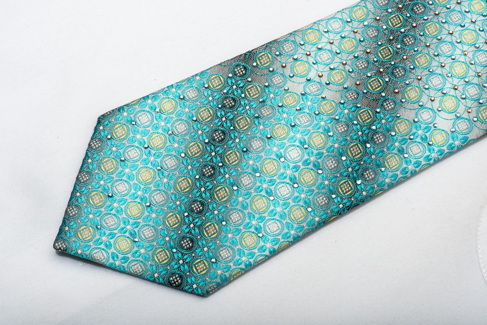 Tallgent Men's Rhinestone Silk Tie Turqoise Geometric On Silver With Silver Sparkles