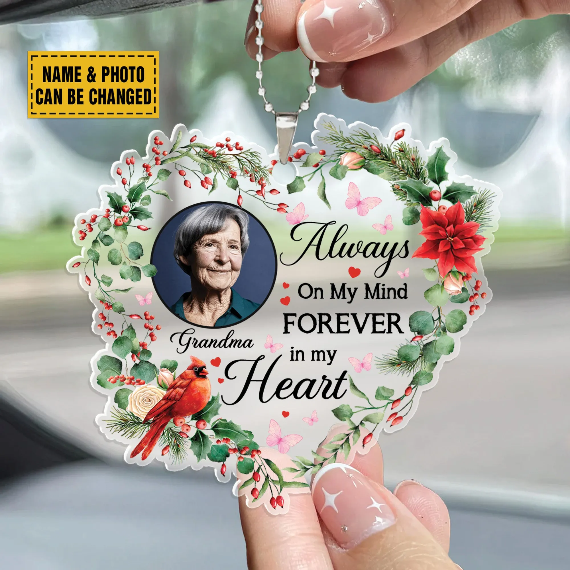 Teesdily | Customized Memorial Christmas Ornament, Always On My Mind Forever In My Heart Cardinal Ornament, Loss Of Grandma Ornament, Christmas Gift