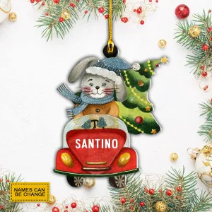 Teesdily | Customized Name Rabbit Bunny Driving Christmas Tree Car Pendant Hanging All Roads Lead Home For Christmas Xmas Home Decor Gifts