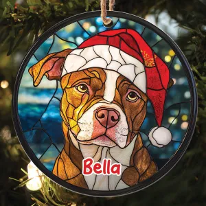 Teesdily | Customized Pit Bull Ornament Christmas, Dog Stained Glass 2D Ornament Christmas Decor, Dog Mom Pit Bull Lover Gift