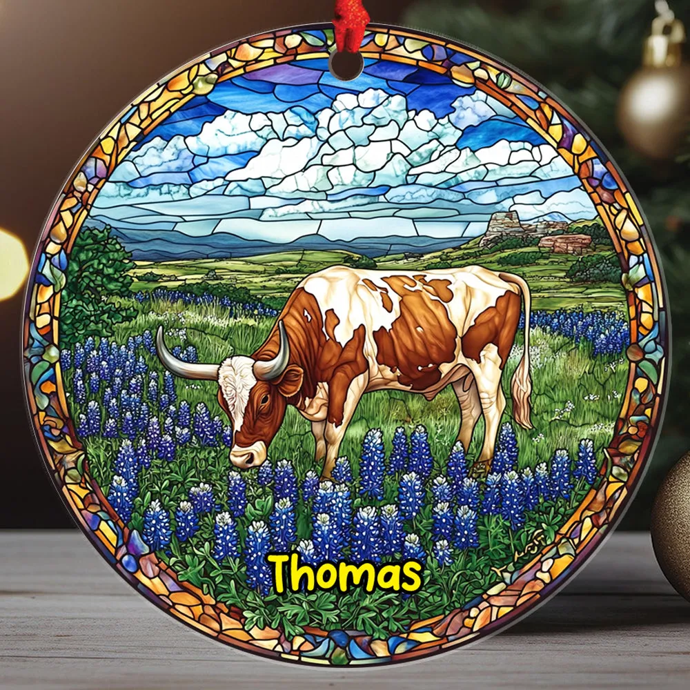 Teesdily | Customized Texas Longhorn Ornament Christmas, Farm Longhorn Stained Glass Print Ornament, Decor Christmas Gift