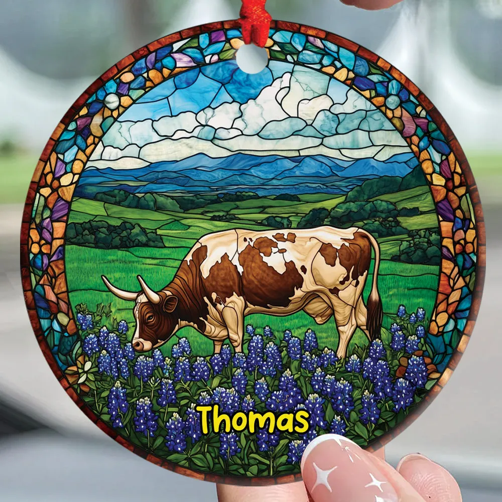 Teesdily | Customized Texas Longhorn Ornament Christmas, Farm Longhorn Stained Glass Print Ornament, Decor Christmas Gift