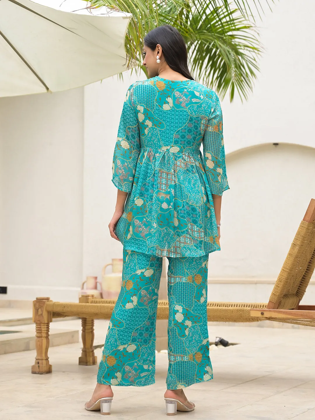 Turquoise Digital Print Muslin Co-Ord Set