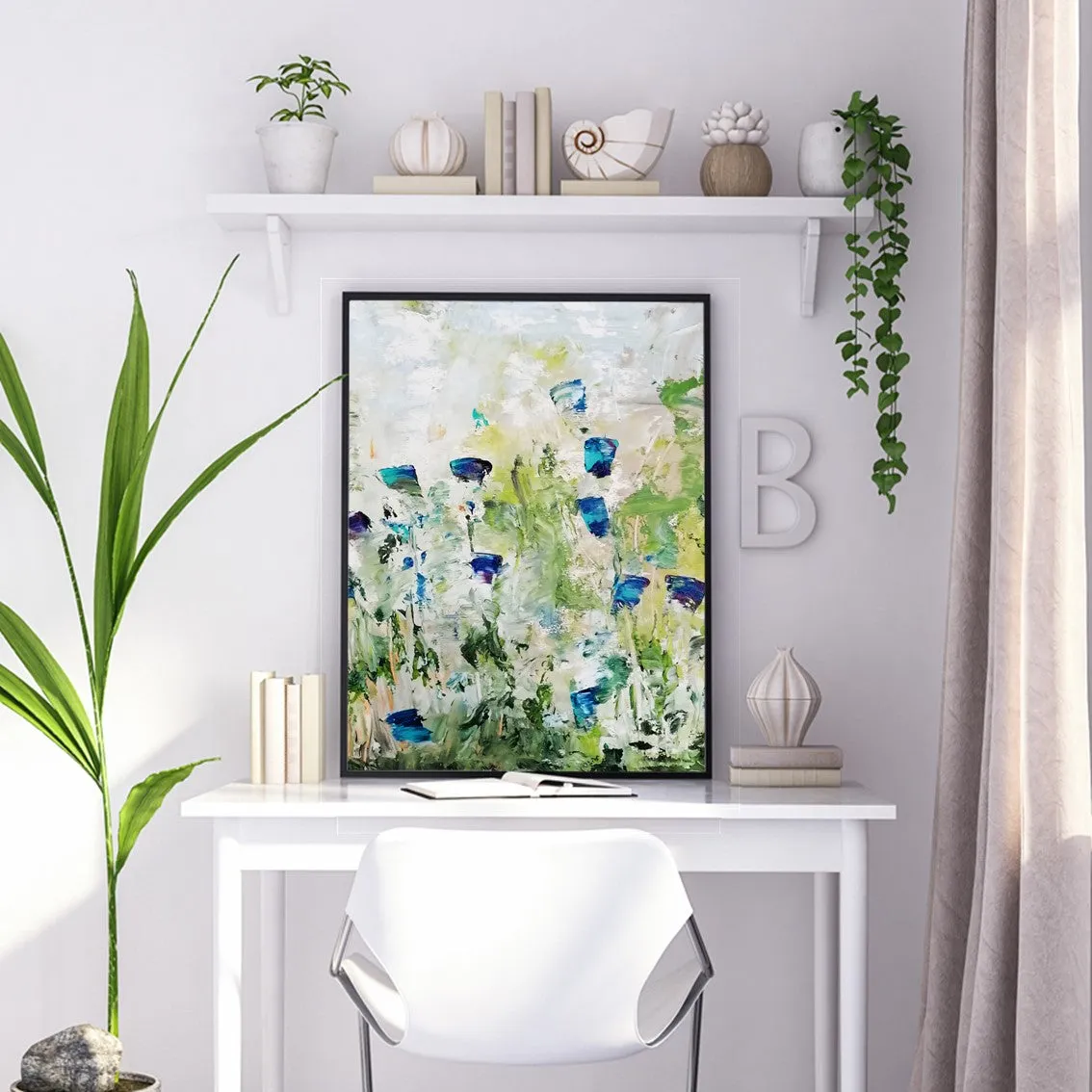 Vertical blue & green abstract floral wall art print