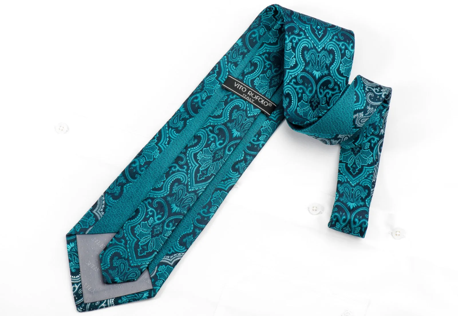 Vito Rufolo Men's Crystal Rhinestone Silk Necktie Damask On Teal With Silver Sparkles