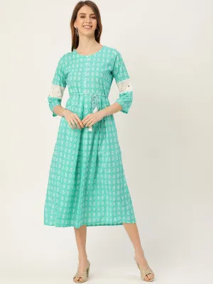 Women Blue Ethnic Motifs Printed Round Neck Cotton A-Line Dress