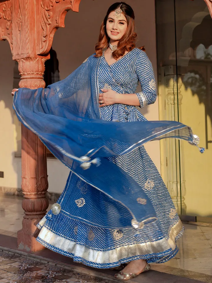 Women Blue Lehriya Lehenga Dupatta Set