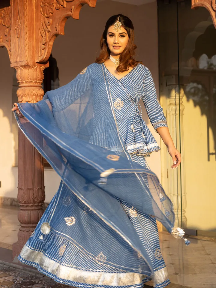 Women Blue Lehriya Lehenga Dupatta Set