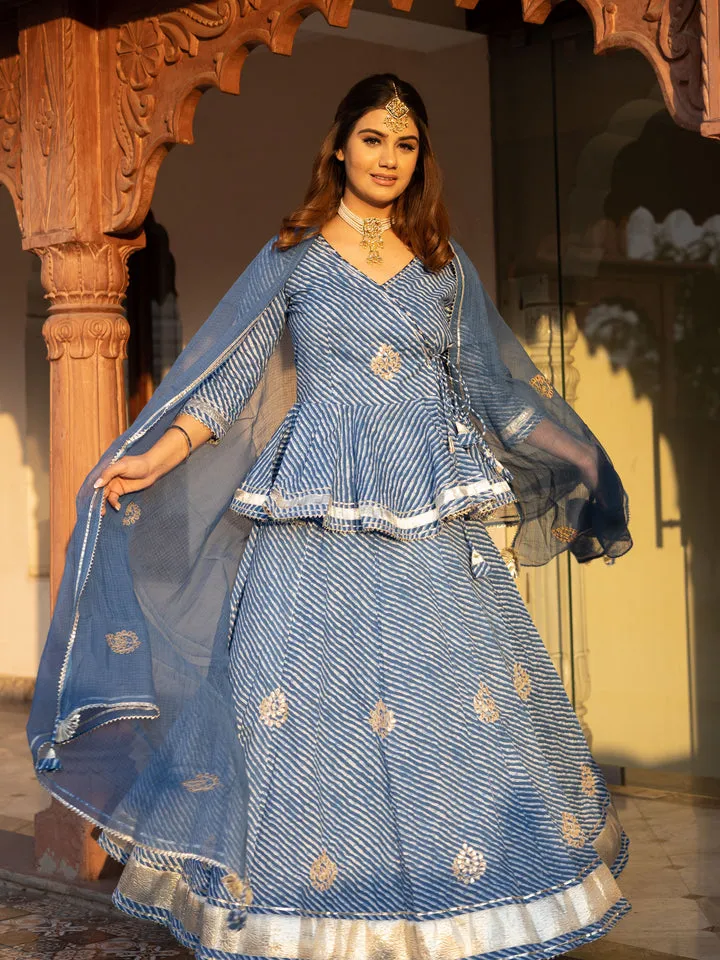 Women Blue Lehriya Lehenga Dupatta Set