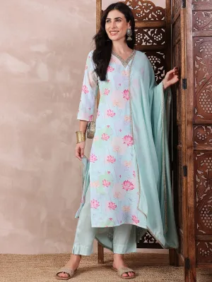 Women Blue Polyester Floral Printed Straight Kurta Trouser With Dupatta