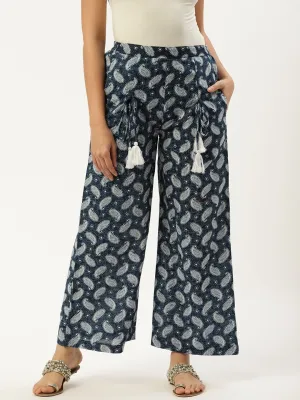 Women Indigo Blue Ethnic Motifs Printed Cotton Wide Leg Palazzo