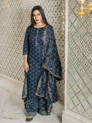 Women Indigo Kurta Set With Palazzo And Dupatta