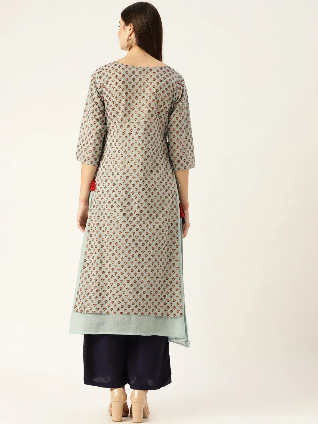 Women Metallic Blue Calf Length Three-Quarter Sleeves A-Line Ethnic Motifs Printed Cotton Kurta