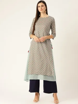 Women Metallic Blue Calf Length Three-Quarter Sleeves A-Line Ethnic Motifs Printed Cotton Kurta