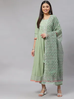 Women Solid Green Anarkali Kurta Pant Set With Kota Doria Dupatta