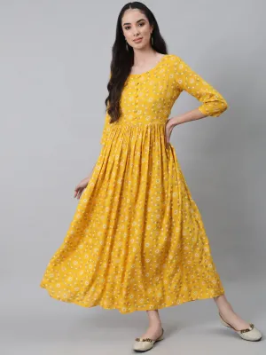 Women Yellow Ethnic Printed Flared Dress With Three Quarter Sleeves