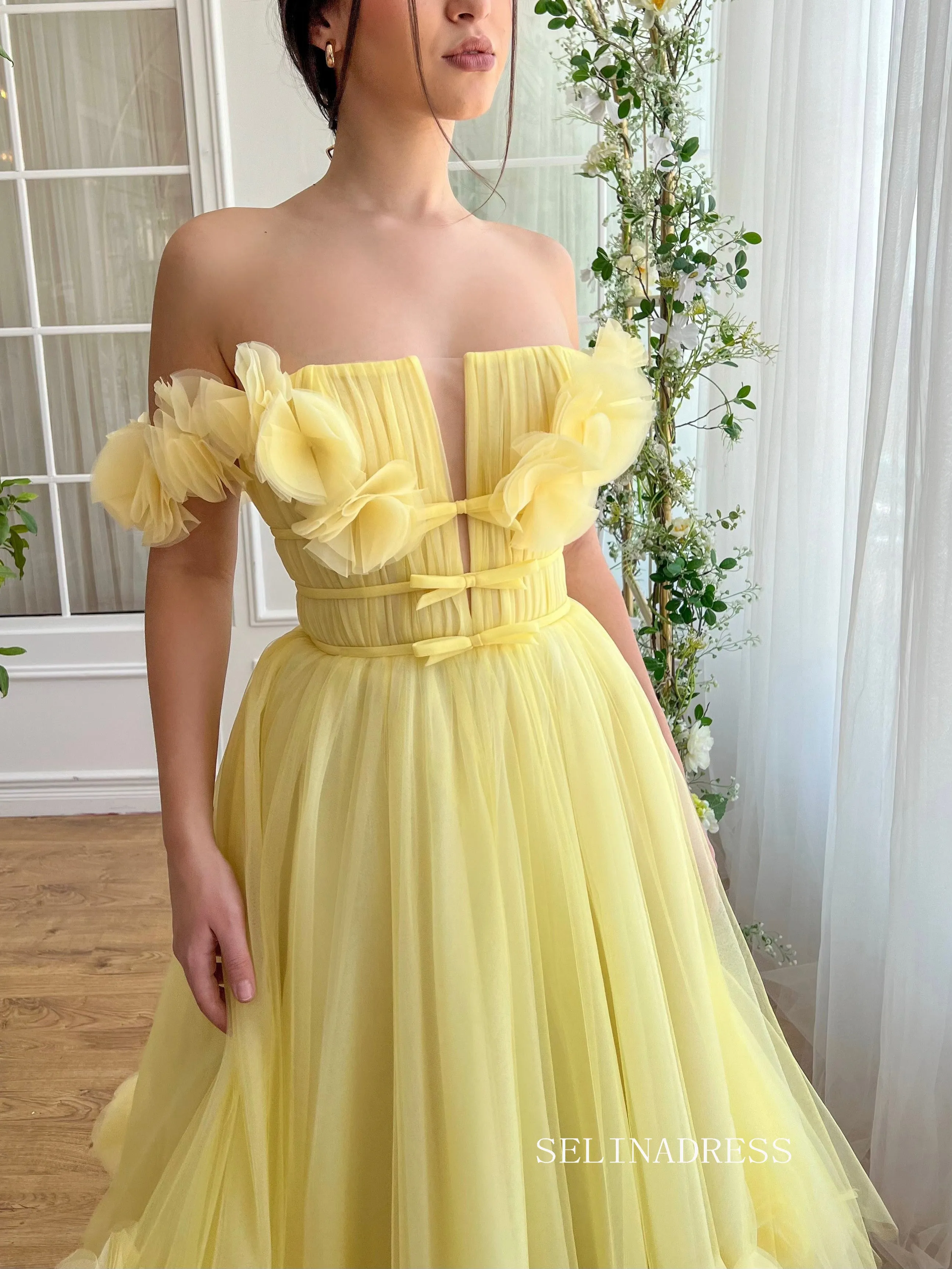 Yellow Off-the-shoulder A line Midi Prom Dress Tulle Party Dress JKL3124