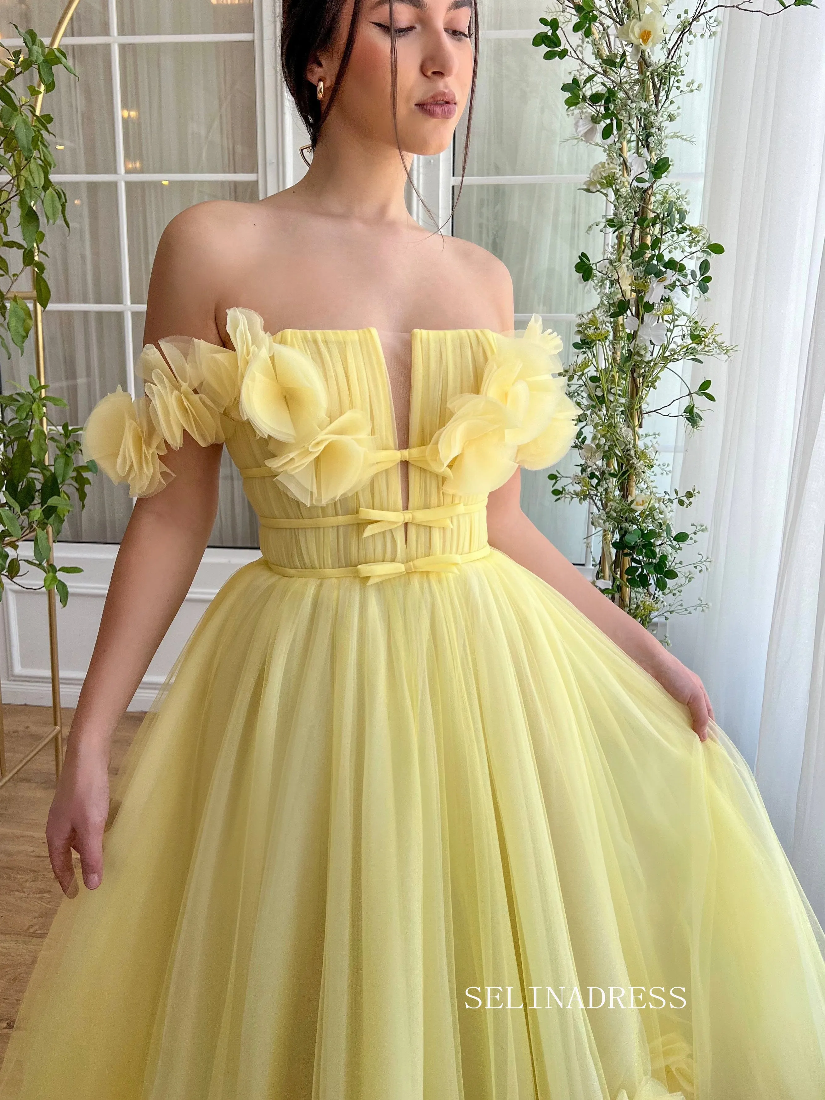 Yellow Off-the-shoulder A line Midi Prom Dress Tulle Party Dress JKL3124