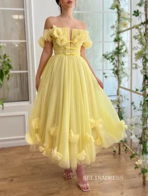 Yellow Off-the-shoulder A line Midi Prom Dress Tulle Party Dress JKL3124