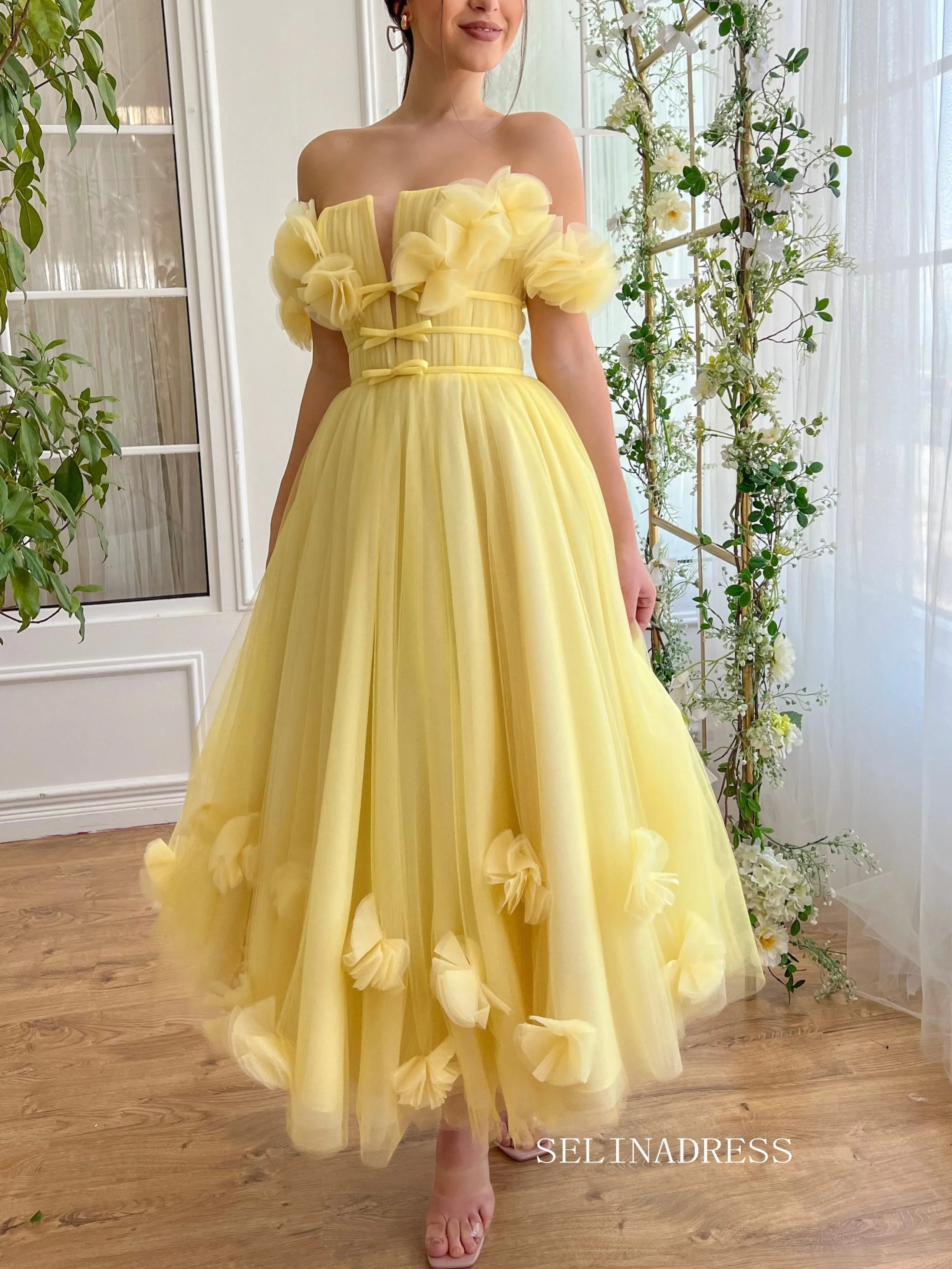 Yellow Off-the-shoulder A line Midi Prom Dress Tulle Party Dress JKL3124